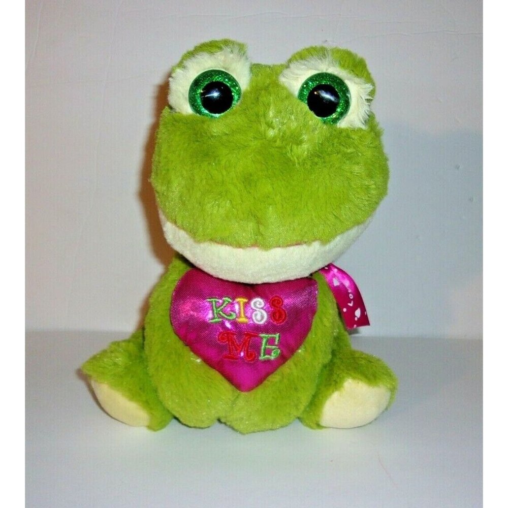 Inter-American Plush Green Cream Frog Pink Heart Kiss Me Love Ribbon Bow 10"